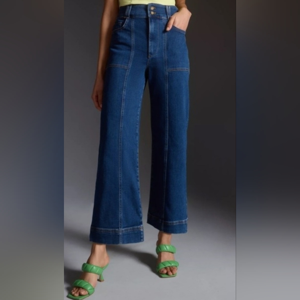 Pilcro High-Waist Cropped Wide-Leg Jeans in Dark Blue
